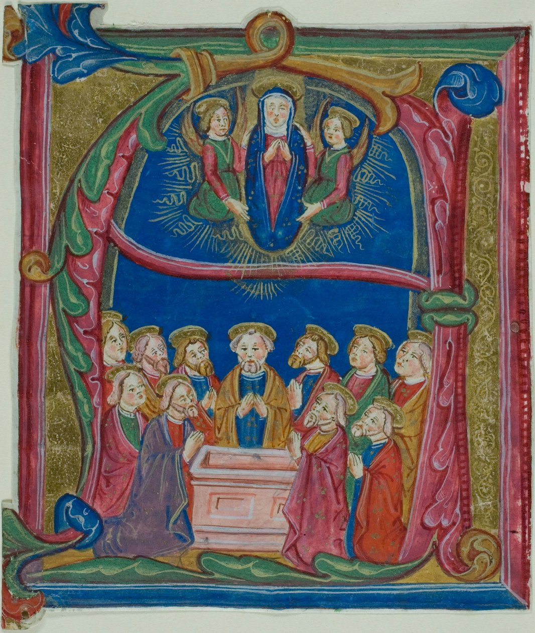 Jomfru Marias himmelfart i et historiseret initialt "A" fra en antifonarie af Unknown artist