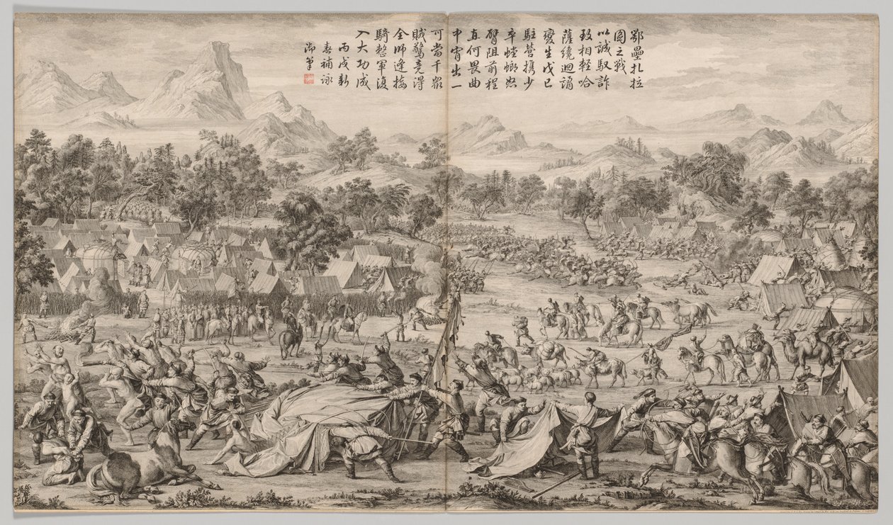 Slaget ved Elei Zhalatu: fra Battle Scenes of the Quelling of Rebelling in the Western Regions, with Imperial Poems af Unknown artist