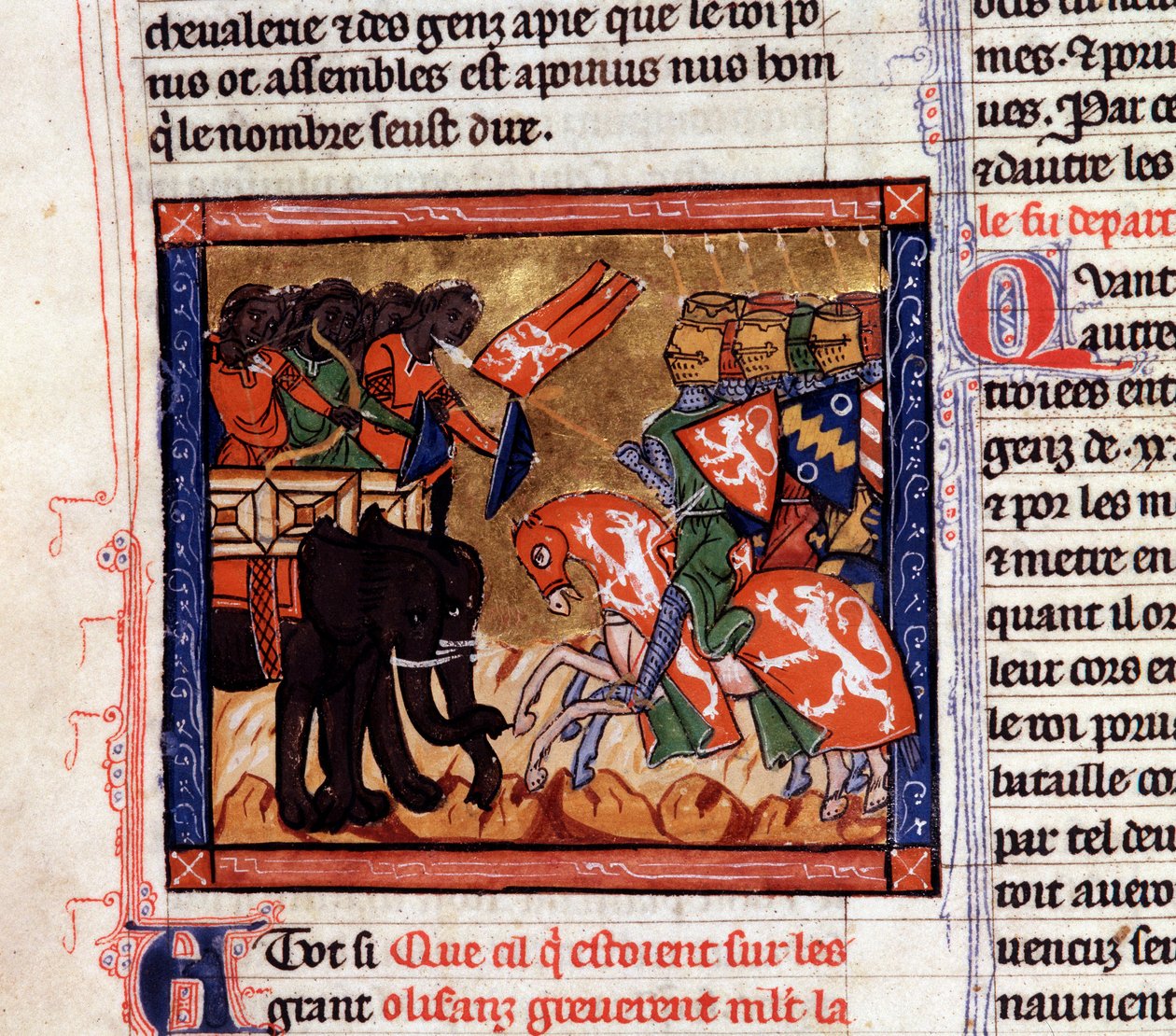 Slaget ved Hydaspes Alexander og Porus kæmper i 327 f.Kr. Alexander den Store fortsætter sin erobring mod Indusdalen. I 326 f.Kr. besejrede han Puru (eller Poros, konge af Paurava-stammen i det 4. århundrede f.Kr.) og hans hær af krigselefanter i af Unknown artist