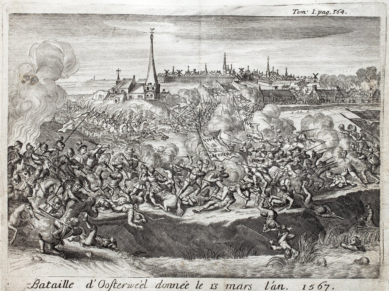 Slaget ved Oosterweel (Holland, Holland), afholdt den 13. marts 1567, den første konfrontation af Firs (80) Års krig (1567-1648). Gravering til illustration af "Historien om krigen i Flandern", af Flamianus Strada, udgave Joseph T