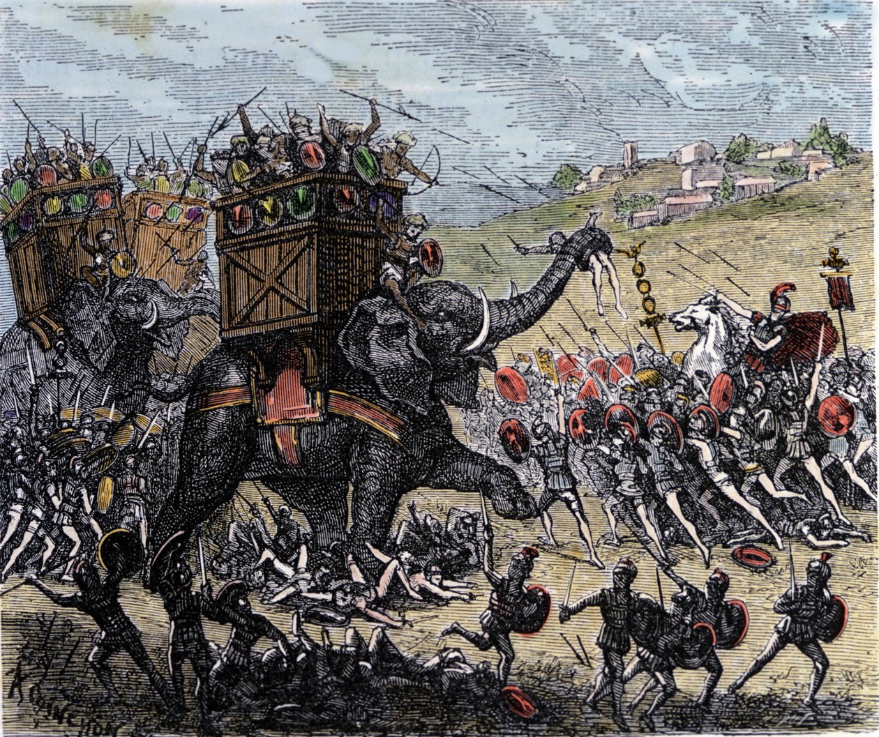 Slaget ved Zama (Afrika, Anden Puniske Krig, 202 f.Kr.) vundet af afrikaneren Scipio over Hannibal Barcas tropper. af Unknown artist
