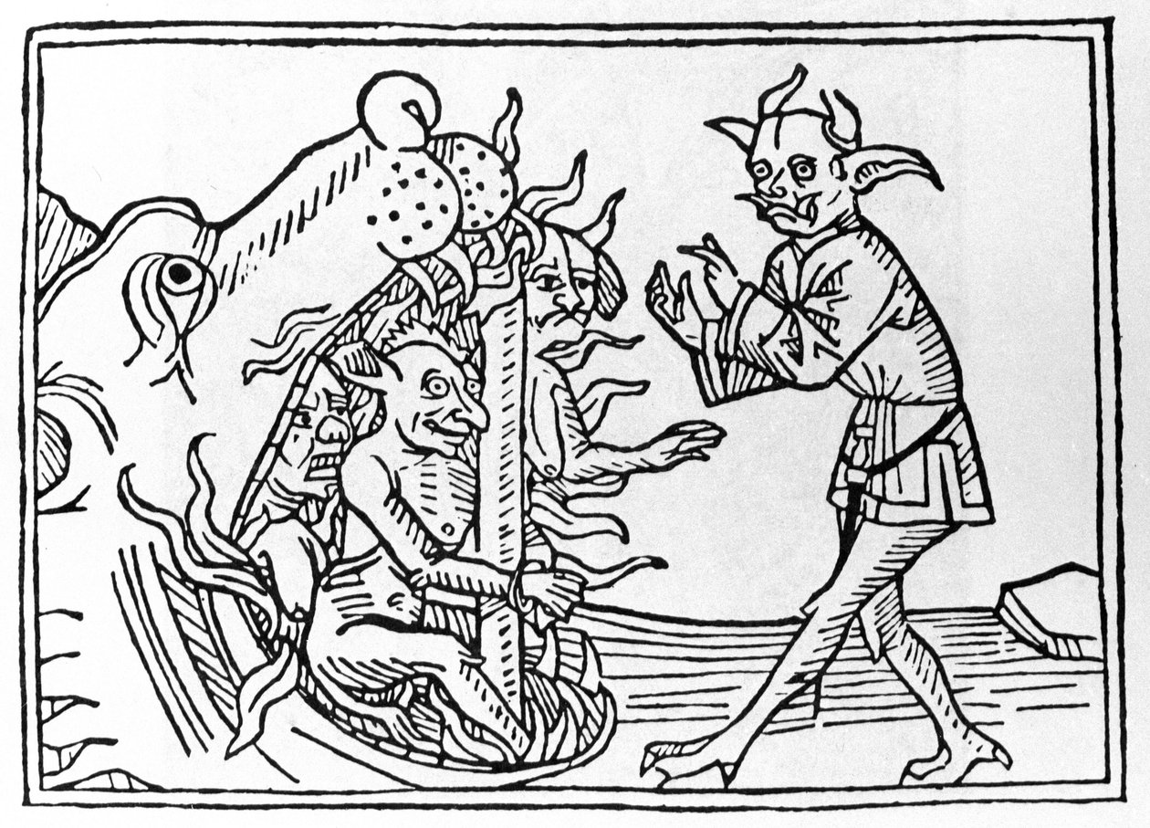 The Belial Proces: "The Belial Demon Returning to the Entrance of the Underworld"" Indgravering fra "The Belial Proces" af Jacobus de Teramo (eller Palladino), Ausburg af Unknown artist