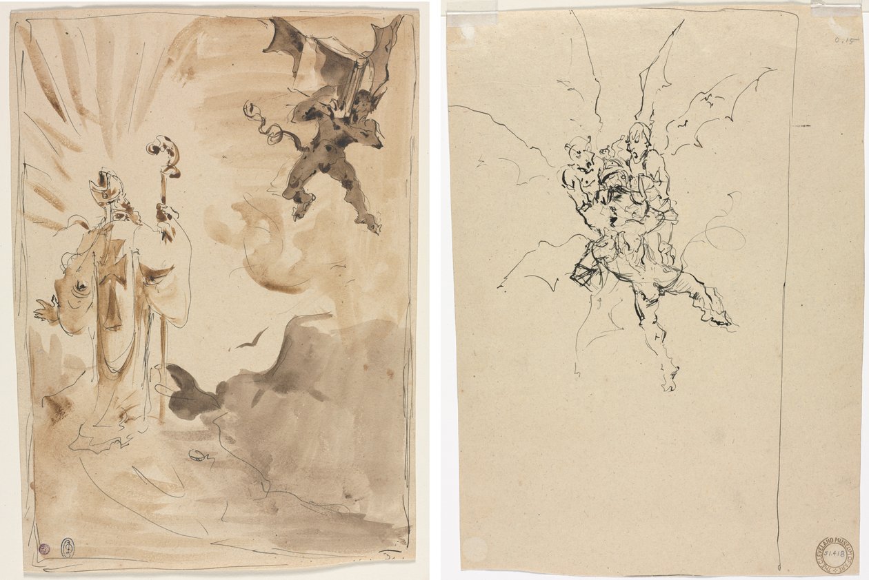 Biskoppen og Dæmonen (recto); Tre dæmoner holder en ridder (verso) af Unknown artist