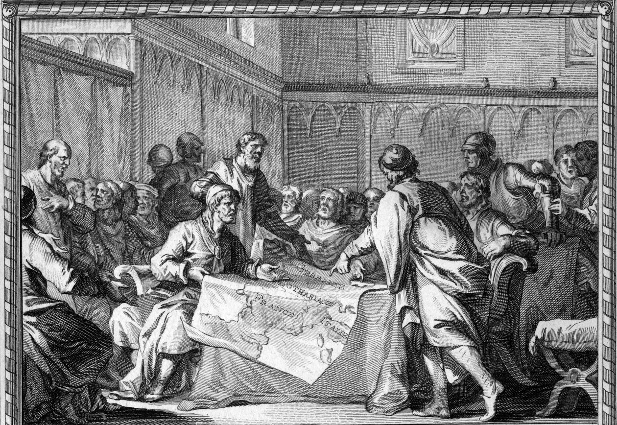 Det karolingiske rige blev delt mellem de tre sønner af Ludvig den Fromme: Lothaire I, Ludvig den Germanske og Karl den Skaldede, ifølge Verdun-traktaten (843). Stik af det 18. århundrede. af Unknown artist