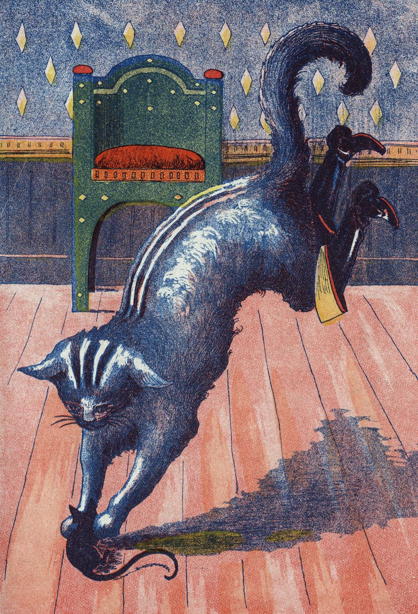 Katten kaster trolden forvandler sig til en mus. Illustration til "" Le chat Botte"", fortælling af Charles Perrault (1628-1703), fransk forfatter. Anonym illustration. Billedmateriale Marcel Vagne, Jarville Nancy, udateret (slutningen af det 19. århundred af Unknown artist