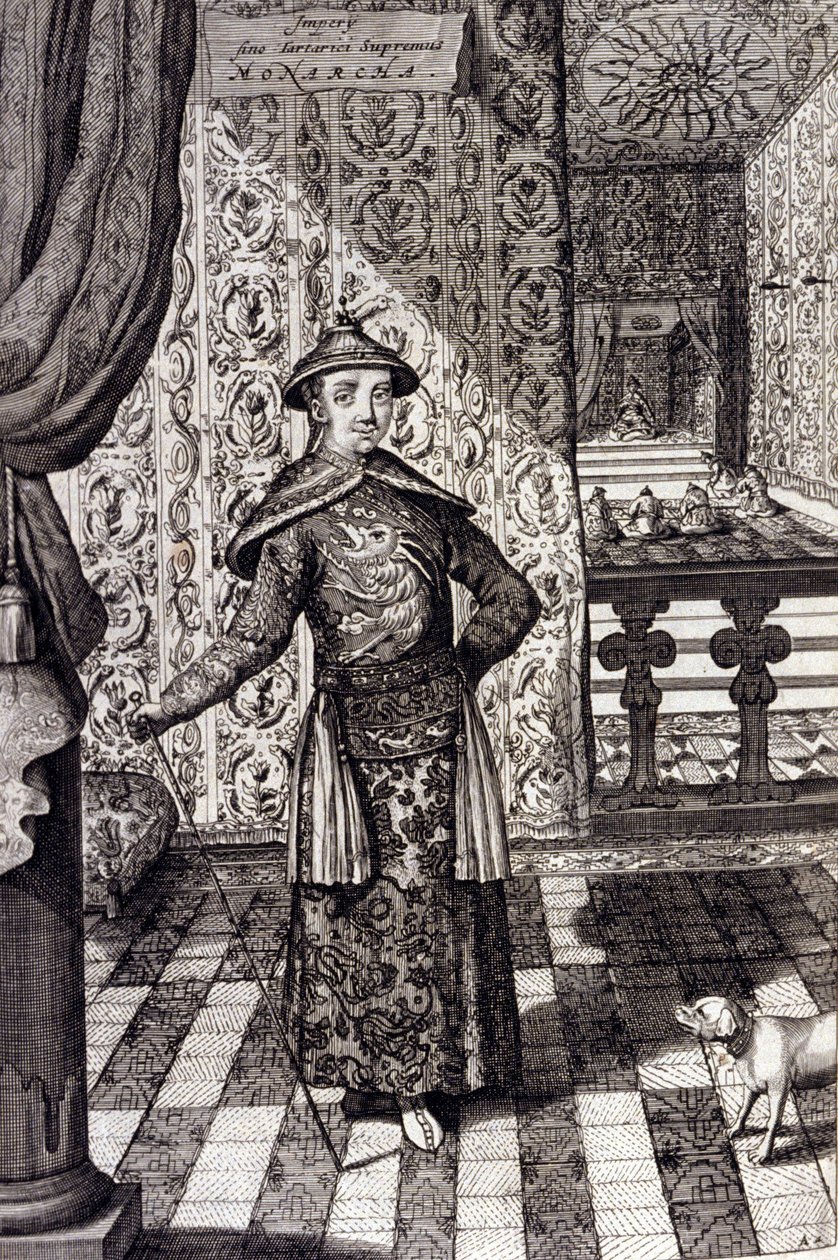 Den kinesiske kejser og tatarernes øverste hersker - kinesisk kejser Kangxi (1652-1722) Qing-dynastiet, gravering af Athanasius Kircher (1601-1680) fra "" China Monumentis, qua sacris qua profanis""" 1667 - kinesisk kejser52xi (1601-1680) -1722) Qing-dynas af Unknown artist