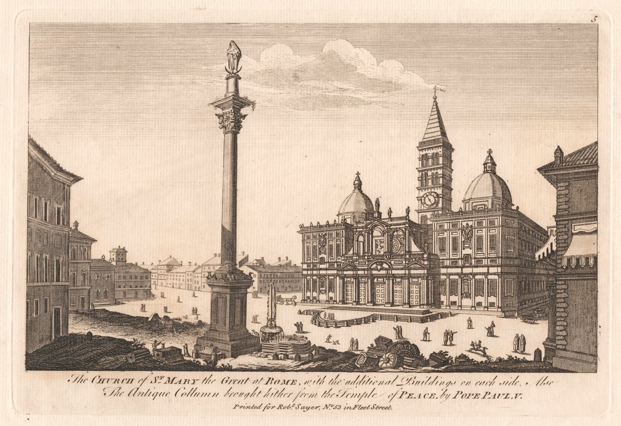 Maria den Store Kirke i Rom, med de ekstra bygninger på hver side; Også den antikke søjle bragt hertil fra Fredens tempel, af pave Paul, V af Unknown artist