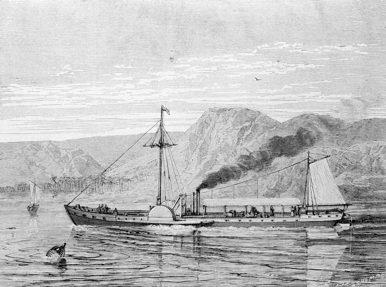 The Clermont, en båd bygget i 1807 af Robert Fulton (1765 - 1815) for at give forbindelsen New York - Albany på Hudson-floden. Gravering 1800-tallet. af Unknown artist