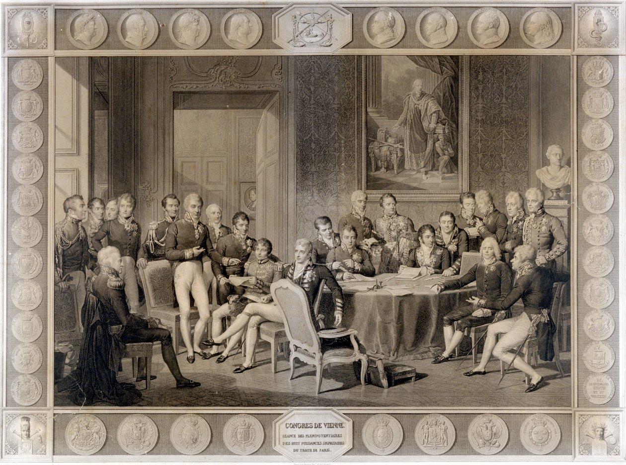 Wienerkongressen. Wienerkongressen i 1815. Alexander I, zar; H.R. Stewart, Castlereagh; Francois I, kejser af Østrig; Frederik Vilhelm III, Konge af Preussen; Karl August, Prins af Hardenbergh; Wilhelm von Humboldt (William af Humboldt af Unknown artist
