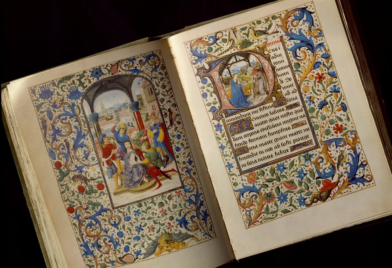The Coronation of Spines Dobbeltside af et åbent manuskript af "" Timebog af Maria af Bourgogne (1457-1482)" (Cod. 1857) Osterreichische Nationalbibliothek Wien i det sene 15. århundrede af Unknown artist