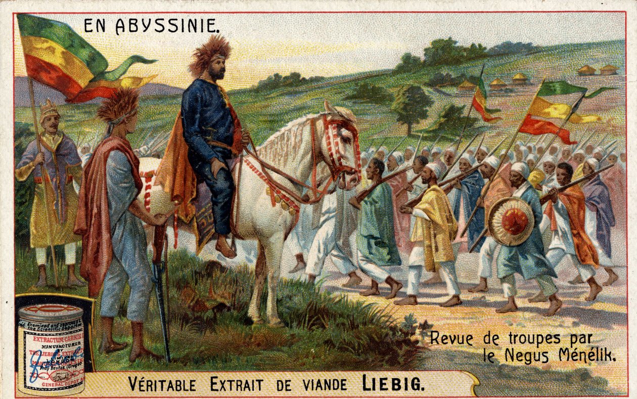 Kejseren af Abessinien, "Negus" Menelik II (1844-1913) gennemgår sine tropper. Kromolitografi af det 19. århundrede. af Unknown artist