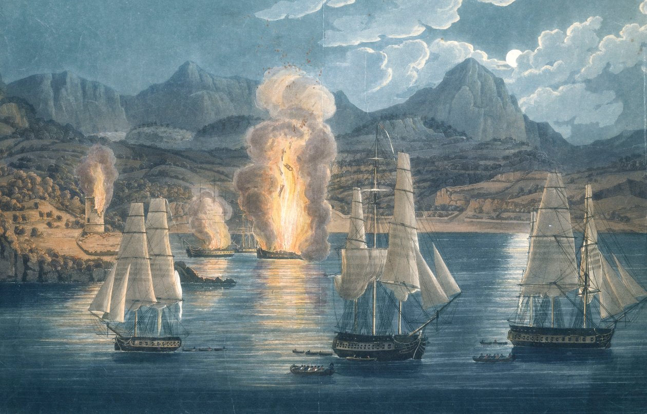 Englænderne ødelægger franske skibe i Sagone-bugten på Korsika den 30. april 1811 (farvelagt akvatinte) af Unknown artist