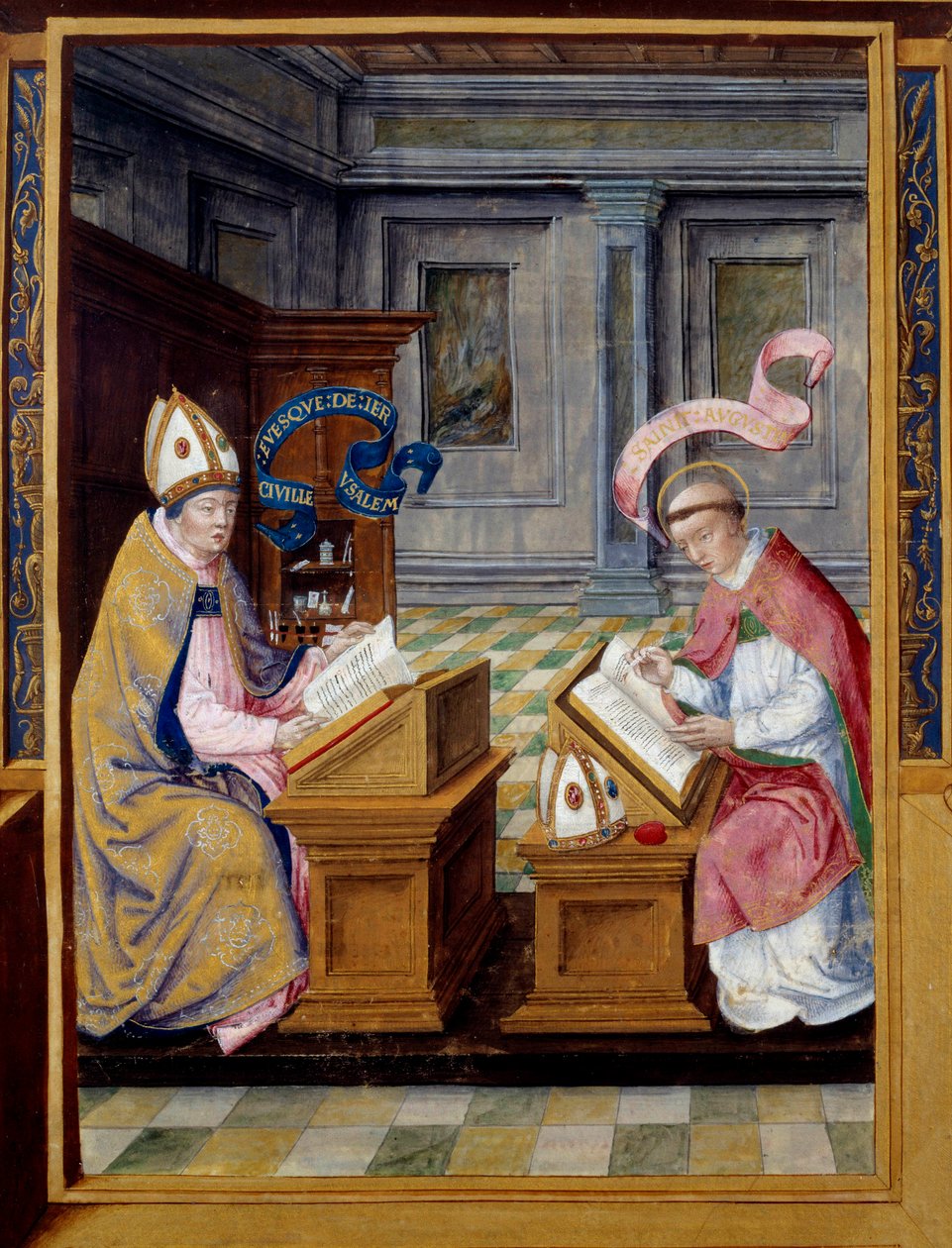 The Eveque of Jerusalem Saint Cyril (315-386) og Saint Augustine (354-430) Miniature på pergament fra det 16. århundrede. Ecouen, National Renaissance Museum af Unknown artist