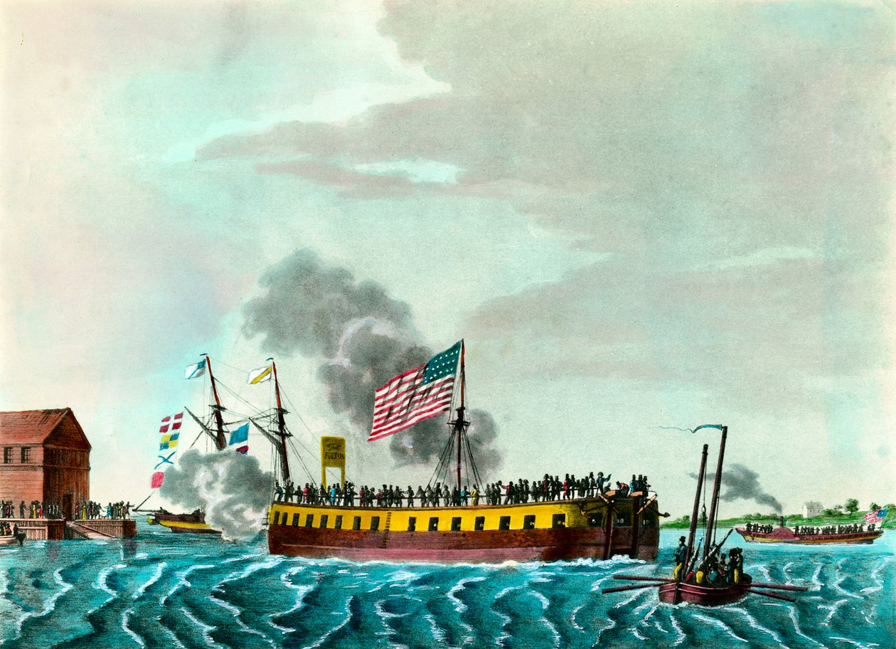 Fulton Steam Fregate "Manøvrering i havnen i New York i USA"" Indgravering omkring 1807 privat samling af Unknown artist