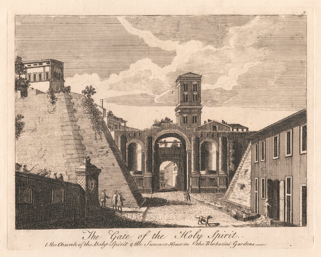 Helligåndens port: 1. Helligåndskirken 2. sommerhuset i Barbarini Gardens af Unknown artist