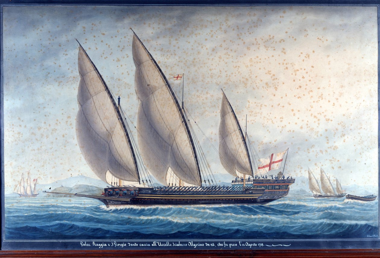 Genova-kabysserne Raggia og San Giorgio forfølger den algeriske chebec Uccello. 11. August 1788. Maling af Unknown artist