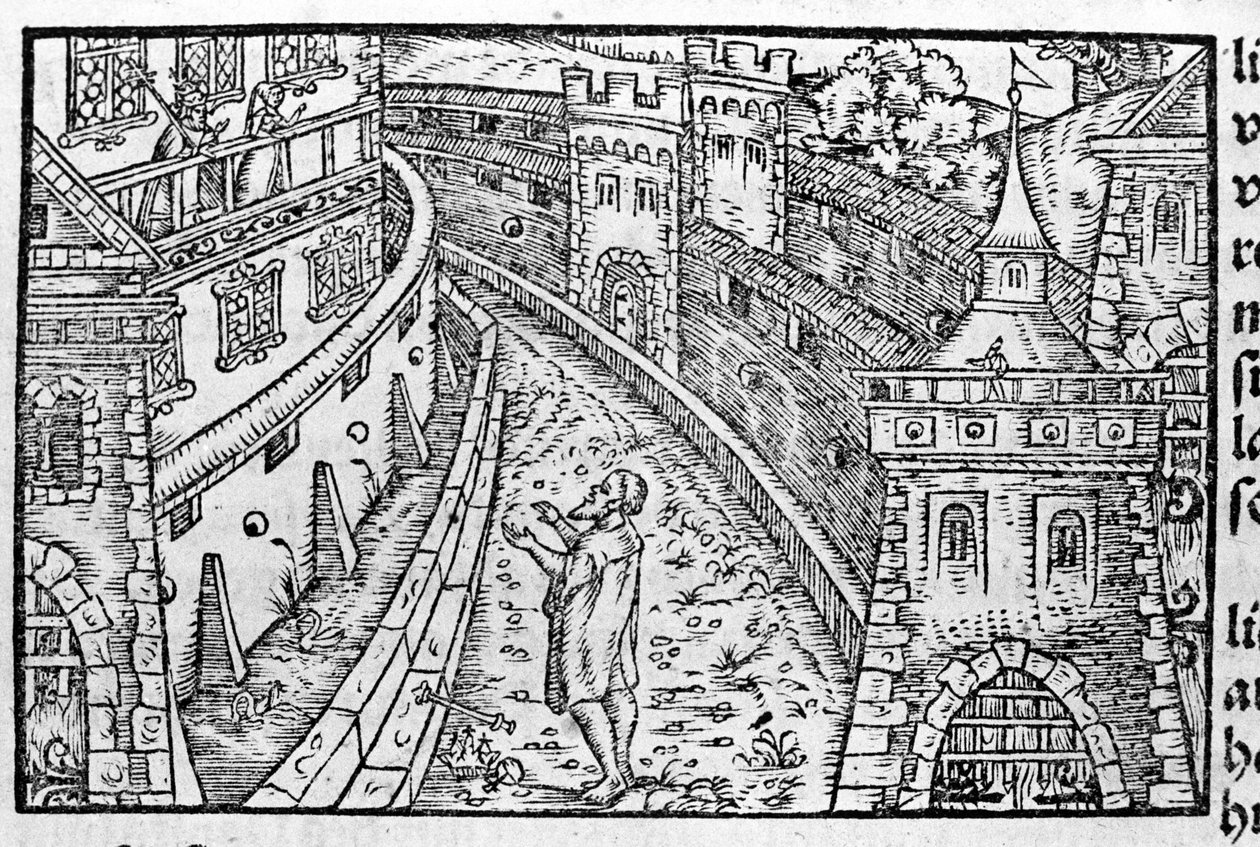 Den germanske kejser Henrik IV (1050 - 1106) i Canossa. Øverst til venstre ses grevinde Mathilde af Canossa (eller grevinde Mathilde af Toscana) (1046 - 1115) og pave Gregoire VII (1015/20 - 1085), som havde søgt tilflugt på slottet. Ifølge Johann Stum af Unknown artist