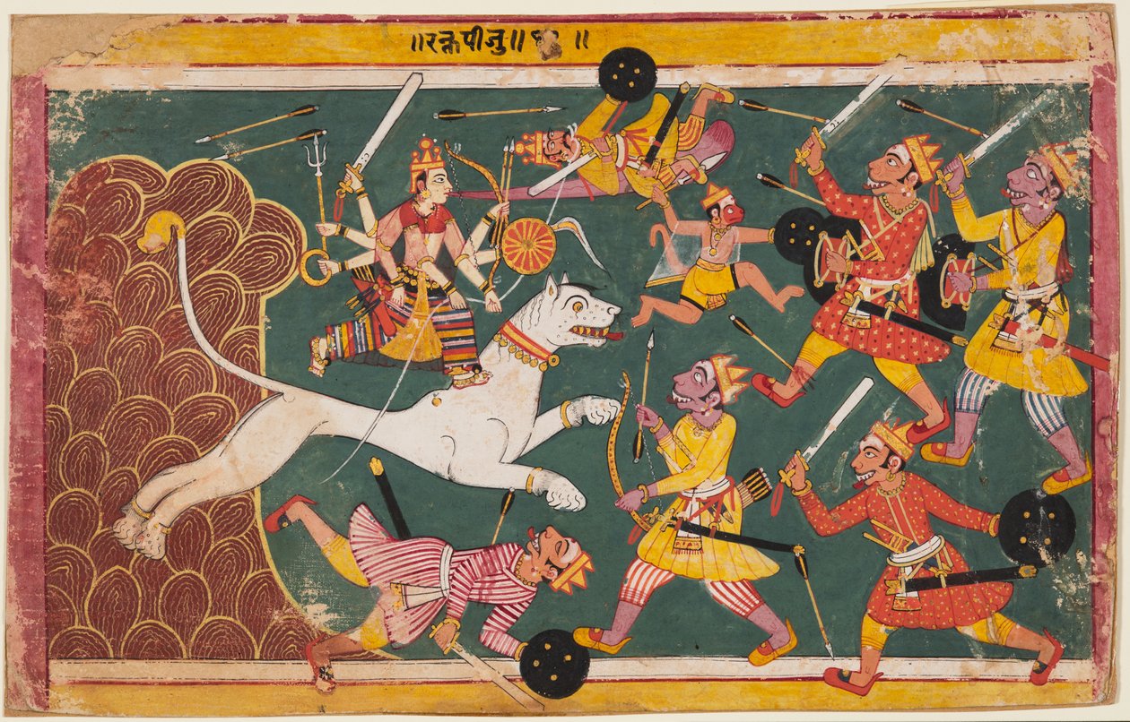 Gudinden tilintetgør Dæmonen Raktabija, fra en Devi-Mahatmya af Unknown artist