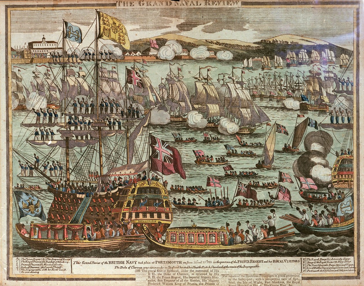 Den store gennemgang af flåden. Denne store gennemgang af den britiske flåde fandt sted i Portsmouth den 24. og 25. juni 1814 i overværelse af prinsregenten og hans kongelige gæster, ca. 1814 (farvelagt radering) af Unknown artist