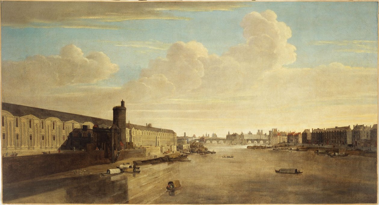 Grande Galerie du Louvre med Porte Neuve, Pont-Neuf, Cité, Tour de Nesle og Quai Malaquais, ca. 1640, nuværende 1. og 6. arrondissement, mellem 1635 og 1645 (olie på lærred). af Unknown artist