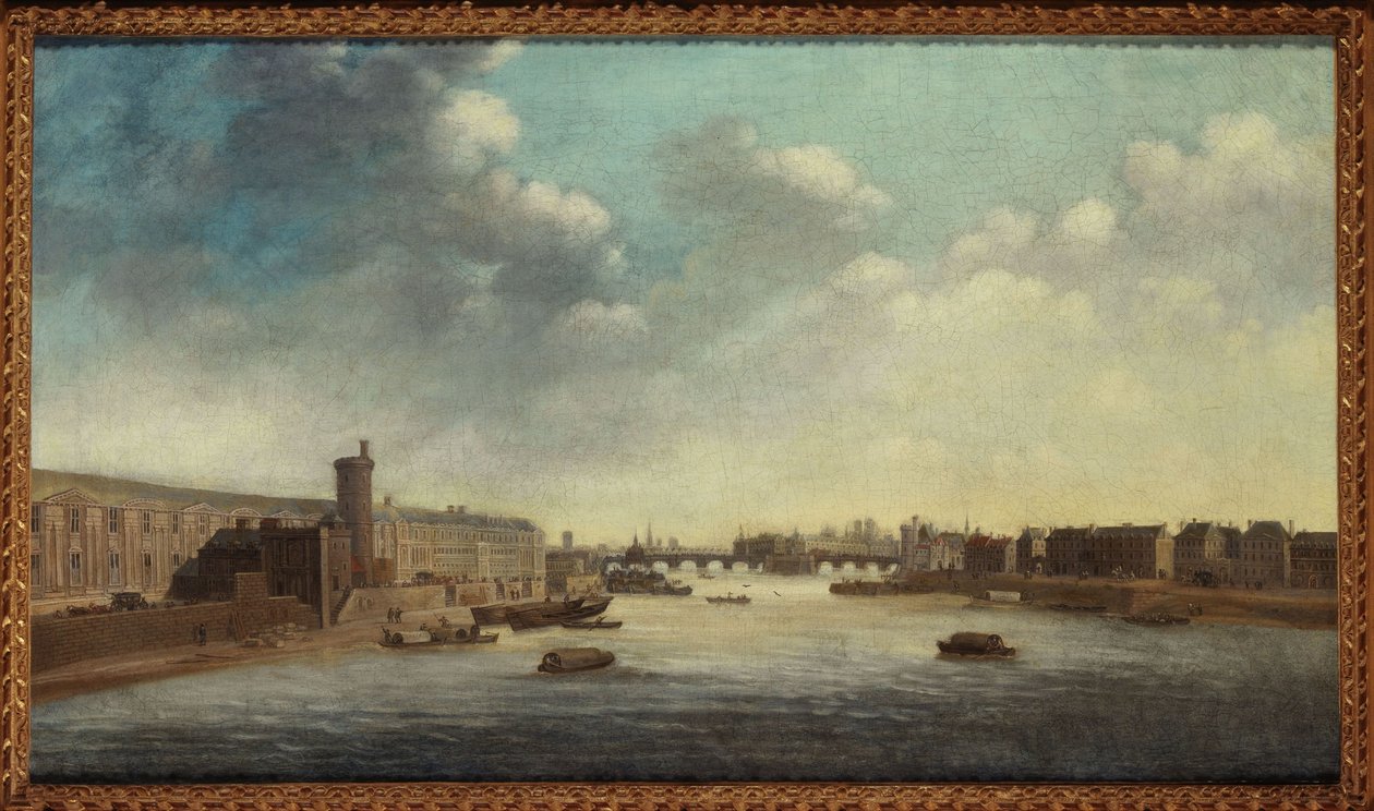 Grande Galerie du Louvre, med Porte Neuve, Pont-Neuf, Cité, Tour de Nesle og Quai Malaquais, ca. 1640, mellem 1635 og 1645 (olie på lærred) af Unknown artist