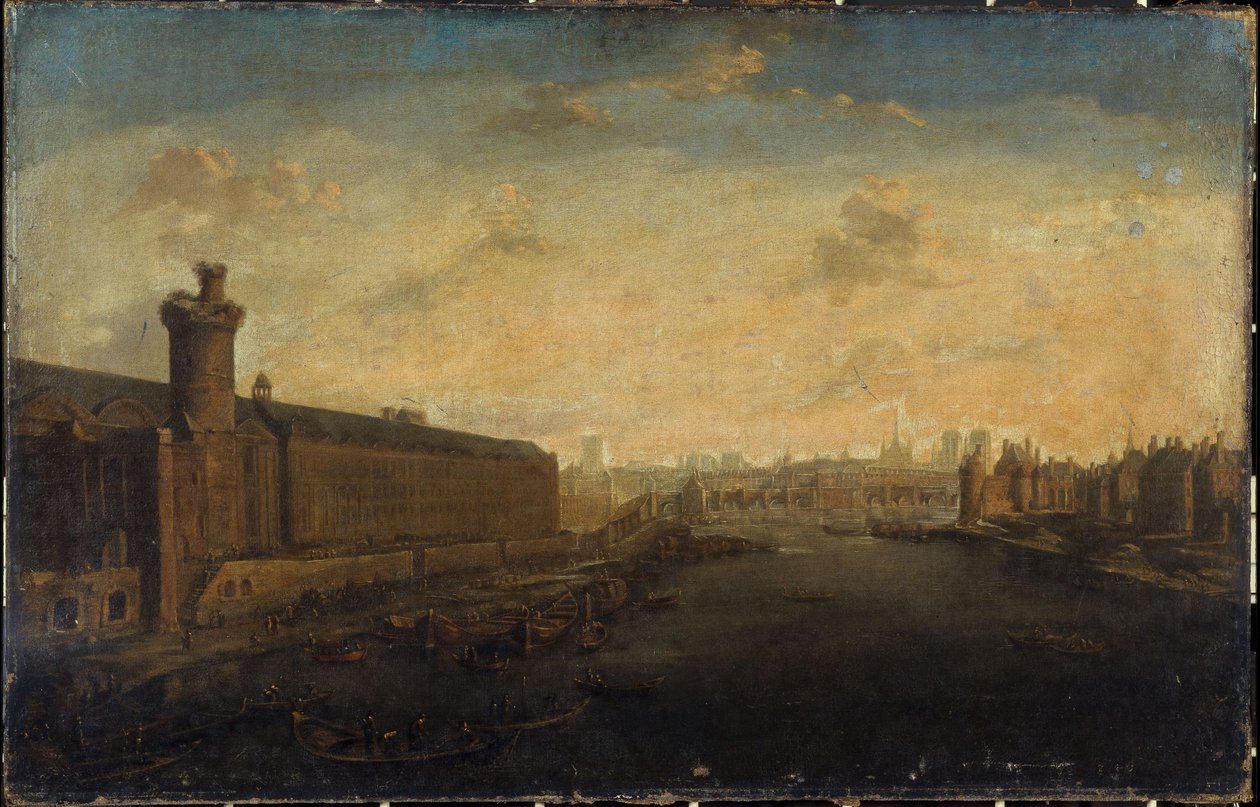Grande Galerie du Louvre med Porte Neuve, Pont-Neuf, Cité, Tour de Nesle og Quai Malaquais, ca. 1640, nuværende 1. og 6. arrondissement, mellem 1635 og 1645 (olie på lærred). af Unknown artist