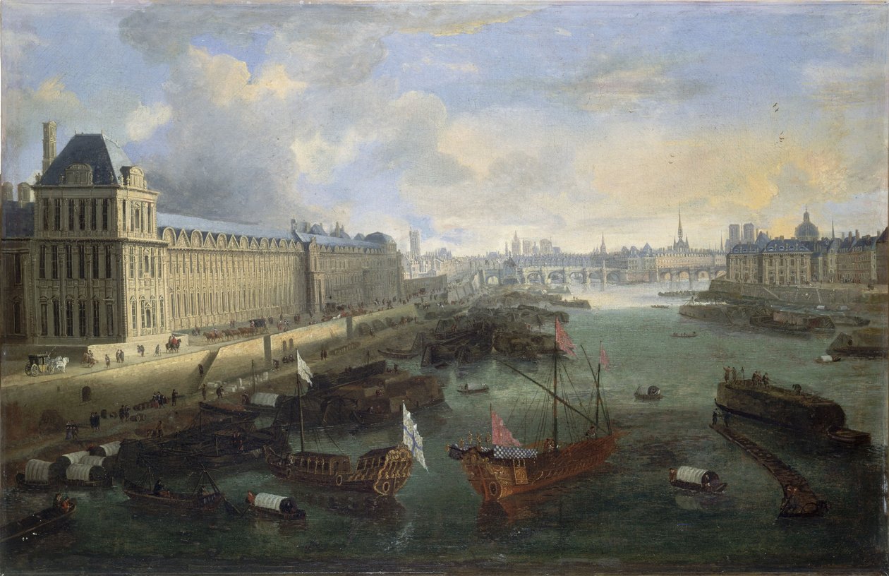 Louvres store galleri, Pont-Neuf, Cité, Collège des Quatres-Nations, ca. 1670 På Seinen, den kongelige galej, mellem 1670 og 1685 (olie på lærred) af Unknown artist