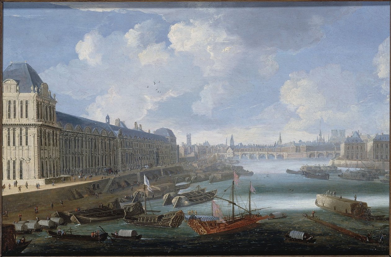 Louvres store galleri, Pont-Neuf, Cité, Collège des Quatres-Nations, ca. 1670 På Seinen, den kongelige galej, mellem 1670 og 1685 (olie på træ) af Unknown artist