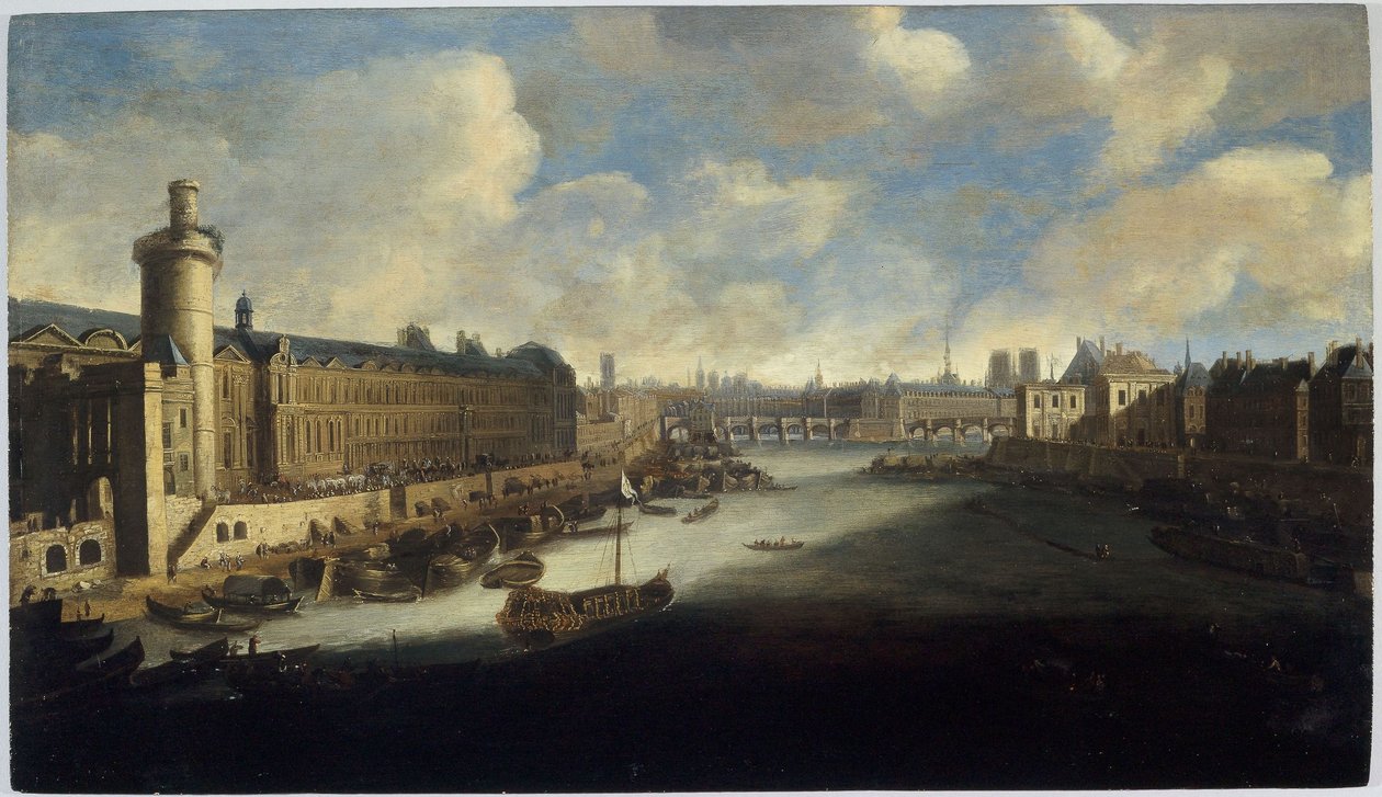 Louvres Grande Galerie med Porte Neuve, Pont-Neuf, Cité, Collège des Quatres-Nations under opførelse og Quai Malaquais, ca. 1665. På Seinen, den kongelige galease, mellem 1660 og 1670 (olie på træ) af Unknown artist