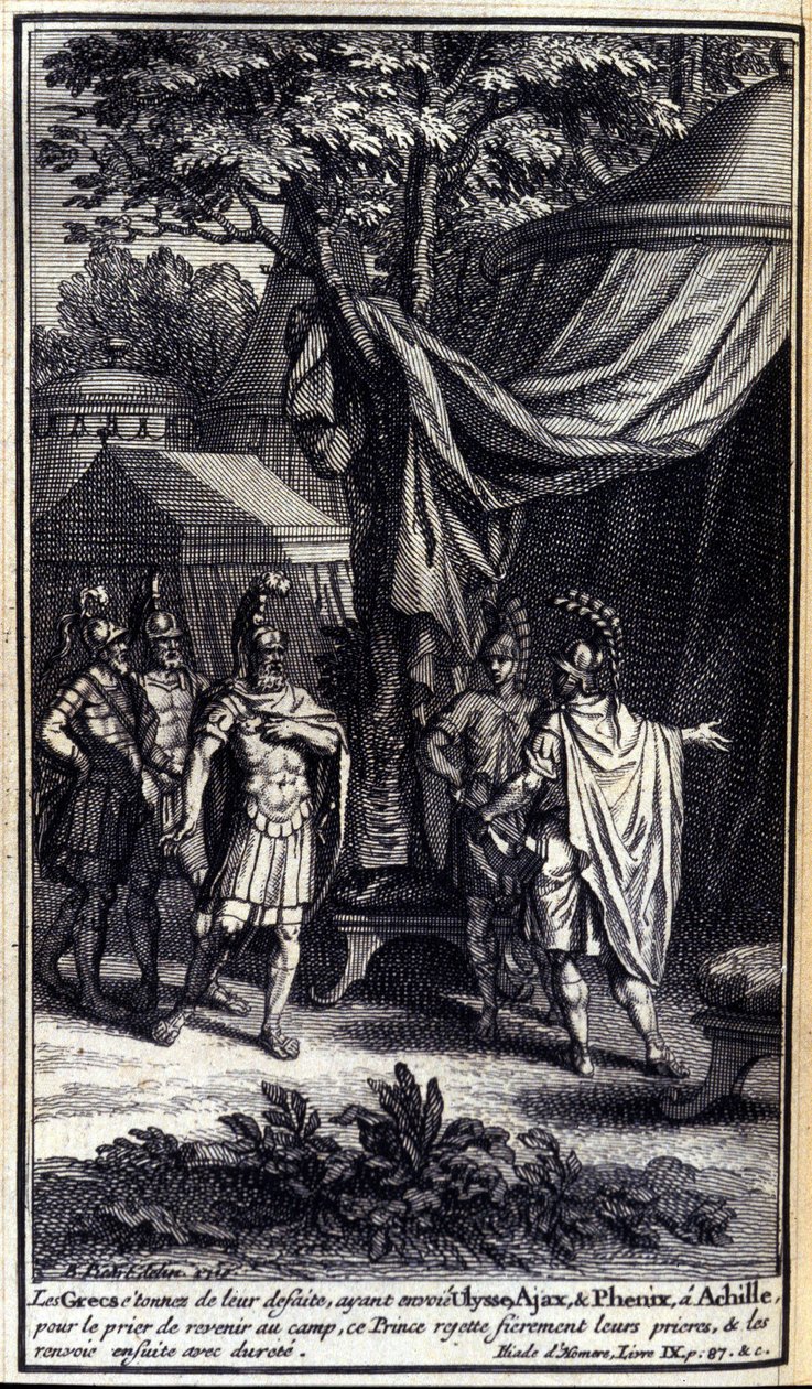 Grækerne, forbavsede over deres nederlag, sendte Ulysses, Ajax og Phenix til Achilleus for at bede ham om at vende tilbage til lejren. Denne prins afviser stolt deres bønner og sender dem derefter hårdt tilbage. Illustration af bog IX af Iliaden af Homere, af Unknown artist
