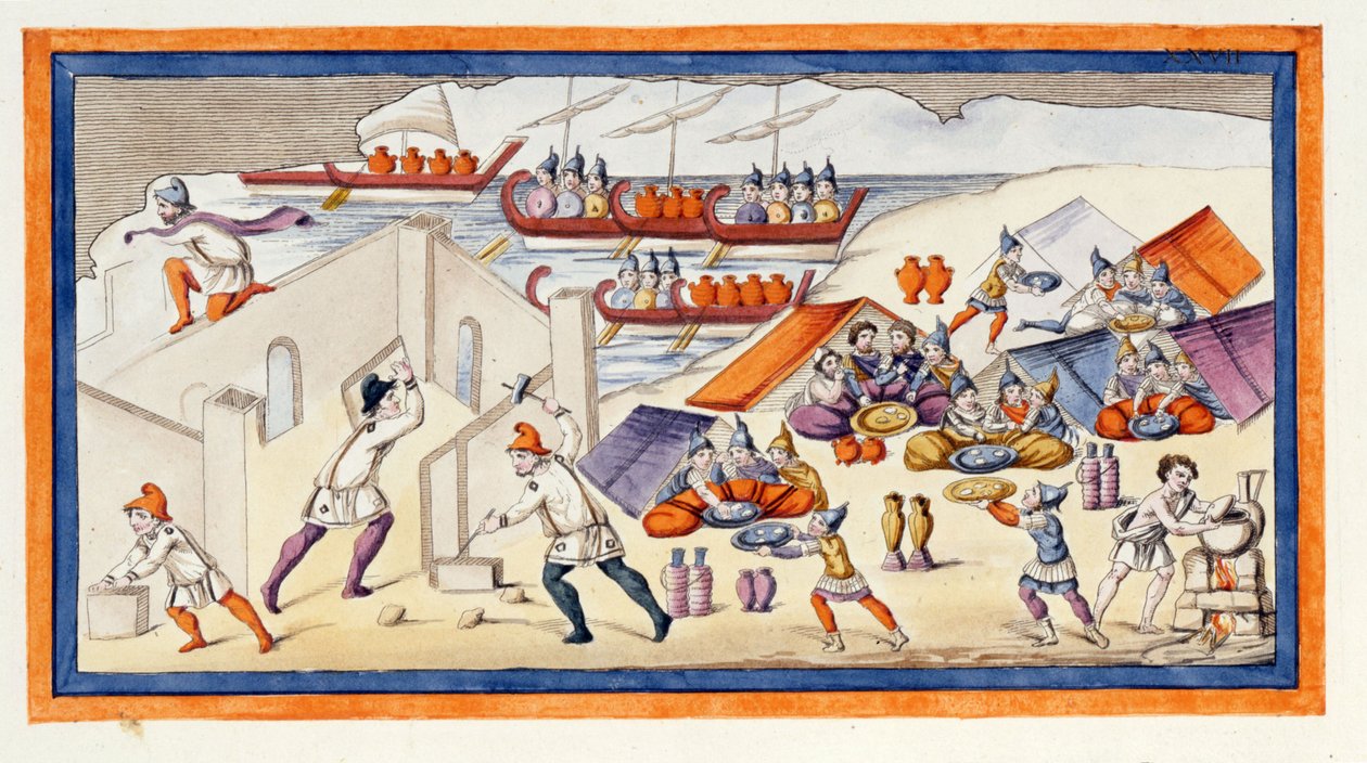 Grækerne begyndte at grave et bolværk for at beskytte deres barakker og skibe. Iliaden. Sang VII. Stik fra slutningen af 1700-tallet. af Unknown artist
