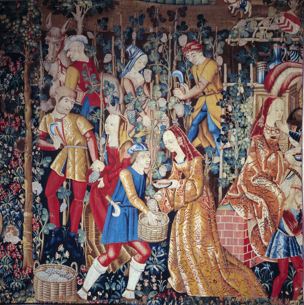 The Harvest Peasants presser druer. Detalje. Uld og silketæppe. Begyndelsen af det 16. århundrede. Paris, Nationalmuseet for middelalderen, Thermes de Cluny af Unknown artist