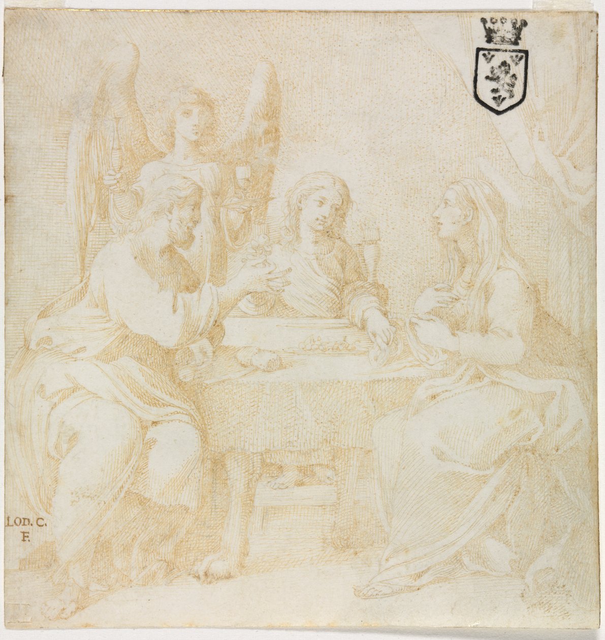 Den hellige familie ved bordet betjent af en engel af Unknown artist