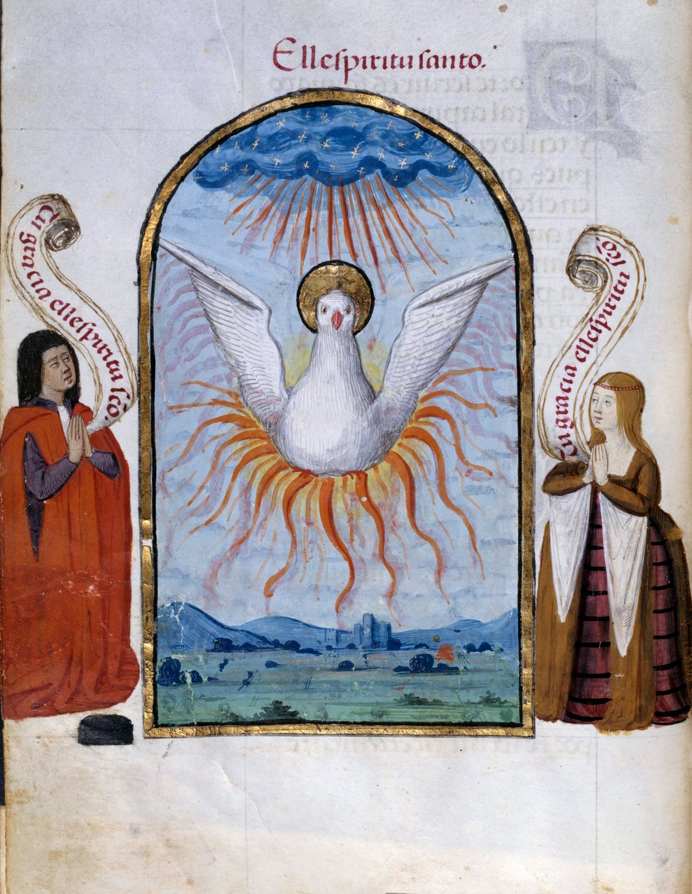 Helligåndsmanuskriptsiden taget fra "" Collection of Devotion of Queen Joan the Folle (1479-1555) of Spain"" af Pedro Marcuello ("" Devotion of Queen Da Juana Whom They Called the Madwoman") 15. århundrede Søn . ... 0,21x0,14 m Chantilly, Museumskond af Unknown artist