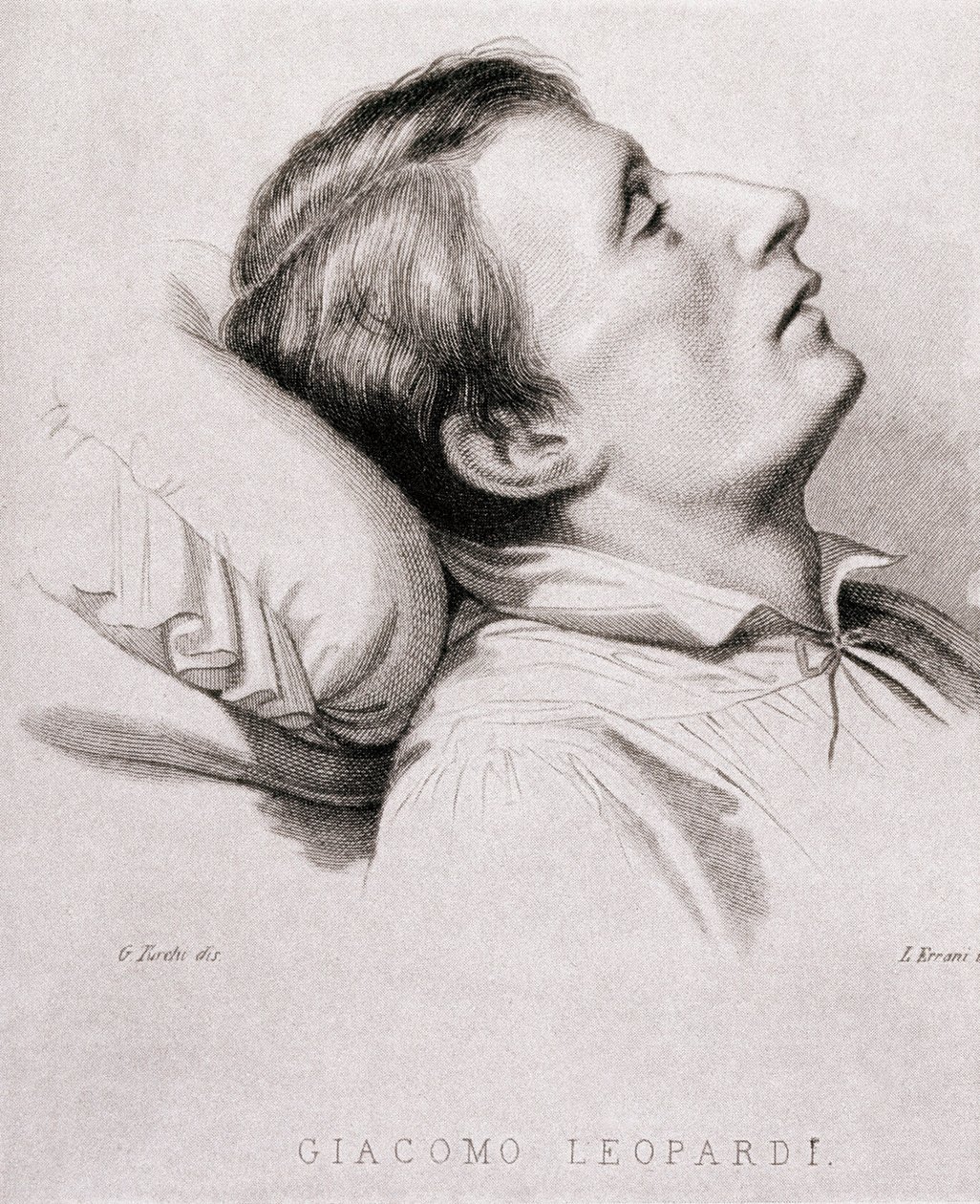 Den italienske digter Giacomo Leopardi (1798-1837) på sit dødsleje. Indgravering af det 19. århundrede af Unknown artist