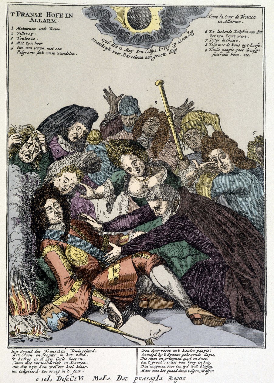 Kongen besvimede, og hoffolkene omringer ham, sørgede: hån mod Ludvig XIVs revers i Holland og Italien i 1706 af Unknown artist