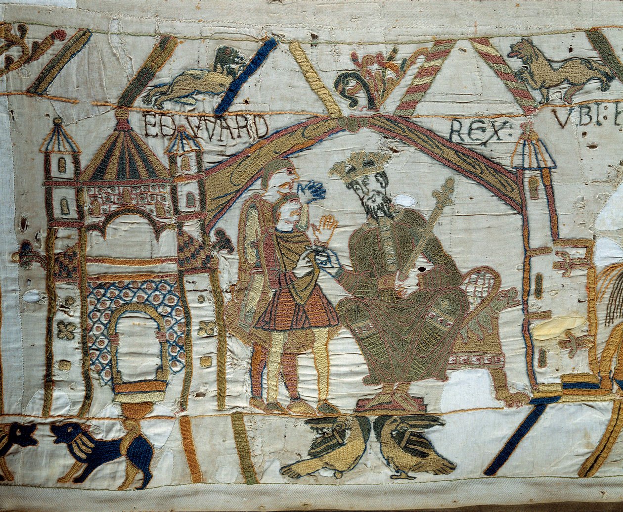 Kongen af England Edvard Bekendelsesfaderen instruerer Harold om at gå og bekræfte over for hertugen af Normandiet Vilhelm Erobreren (1027-1087), at han vil være hans efterfølger til Englands trone. Detail of the Tapestry of Bayeux eller Broderi af Dronnin af Unknown artist