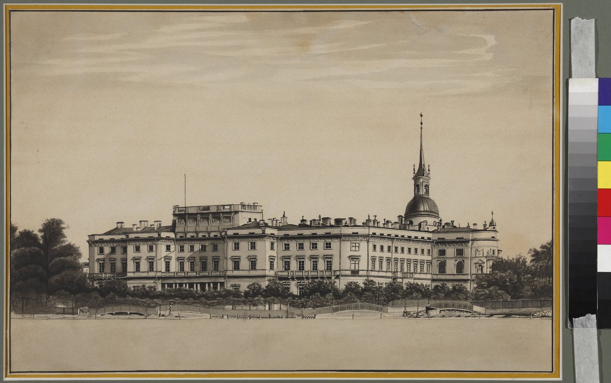 Michael Palace i Sankt Petersborg - Anonym. Pen, pensel, blæk på papir af Unknown artist