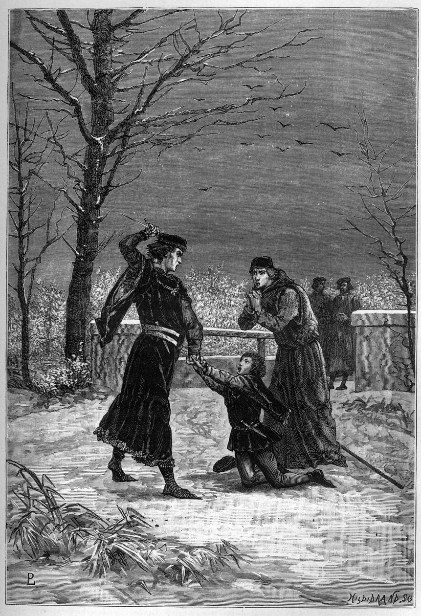 The Murder of Rutland af Lord Clifford - Edmund, Earl of Rutland bliver dræbt af Lord Clifford i slaget ved Wakefield - Edmond Plantagenet Earl of Rutland af Unknown artist