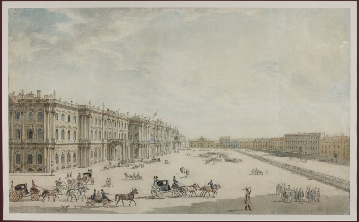 Slotspladsen i Sankt Petersborg - Anonym. Akvarel på papir af Unknown artist