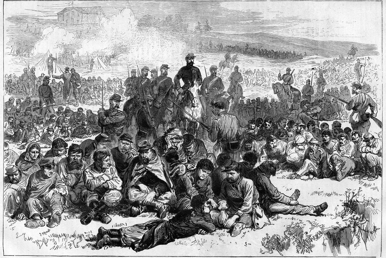 Pariserkommunen i 1871. Kommunerne i Belleville taget til fange og vagt af en afdeling af fredsbevarende styrker i Parc des Buttes Chaumont. af Unknown artist
