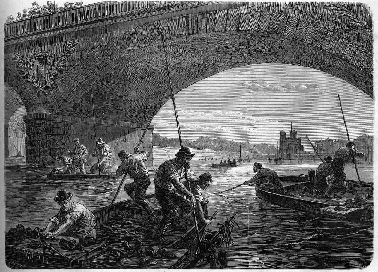 Pariserkommunen i 1871. Fiskeri efter våben kastet i Seinen under Austerlitz-broen af Federes (communards) på tidspunktet for den afsluttende debat i kommunen. af Unknown artist
