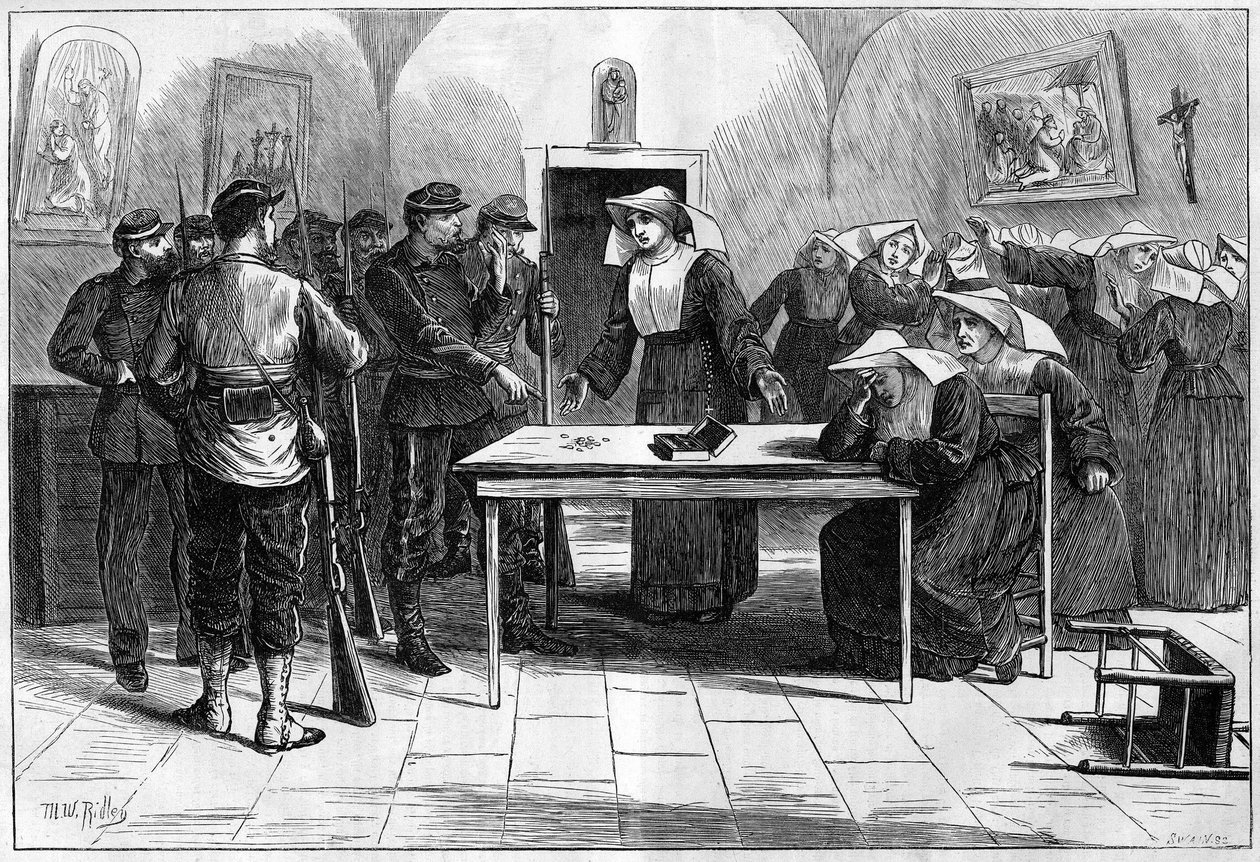 Pariserkommunen i 1871. Søgning foretaget af federes (communards) i et hus besat af nonner (Little Sisters of the Poor), beliggende på Rue de Sevres. Efter at have opdaget pengene fra nonnersamfundet, lægger de føderale pengene tilbage i kassen og vender t af Unknown artist