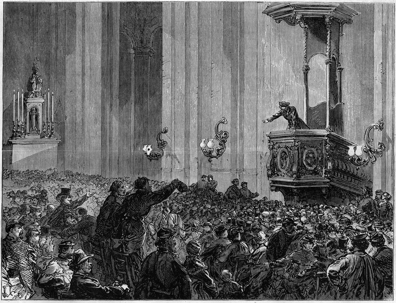 Pariserkommunen i 1871. Sankt Eustatius Kirkeklub. Kirkerne blev anmodet af fødererne om aftenen til at holde møder og debatter. Disse klubber havde et tredelt formål med uddannelse, information og udtryk. af Unknown artist