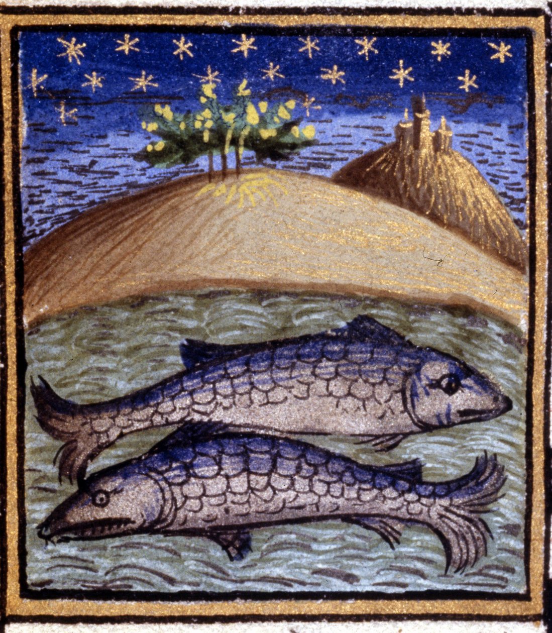 Fiskene. Miniature af et horoskop. 15. århundredes manuskript. Bibl. Trivulziana, Milano. af Unknown artist