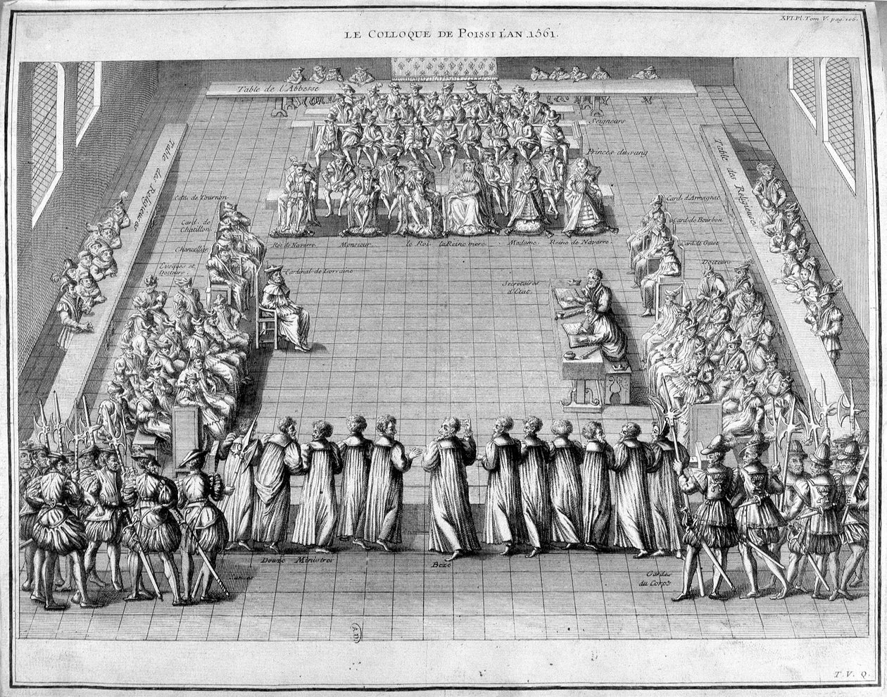 Poissi-kollokviet (Poissy) i 1561. I midten kong Charles IX (1550-1574) og dronningmoderen Catherine de Medici (1519-1589). af Unknown artist