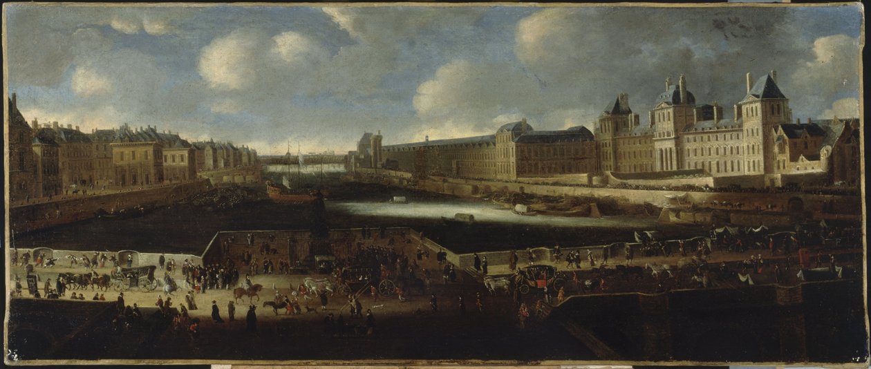 Pont-Neuf, set fra indgangen til Place Dauphine, Quai Malaquais med Collège des Quatre-Nations under opførelse, Grande Galerie og Louvre, ca. 1665, mellem 1660 og 1670 (olie på lærred) af Unknown artist