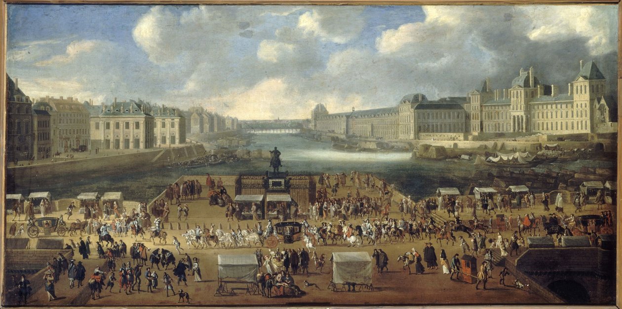 Pont-Neuf, set fra indgangen til Place Dauphine, Quai Malaquais med Collège des Quatre-Nations, Grande Galerie og Louvre, ca. 1669. En procession passerer over broen. Nutidens 1. og 6. arrondissement, mellem 1665 og 1669 af Unknown artist