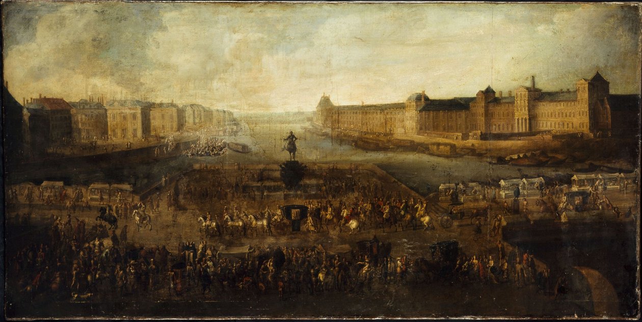 Pont-Neuf, set fra indgangen til Place Dauphine, Quai Malaquais med Collège des Quatres-Nations, Grande Galerie og Louvre, ca. 1665 af Unknown artist