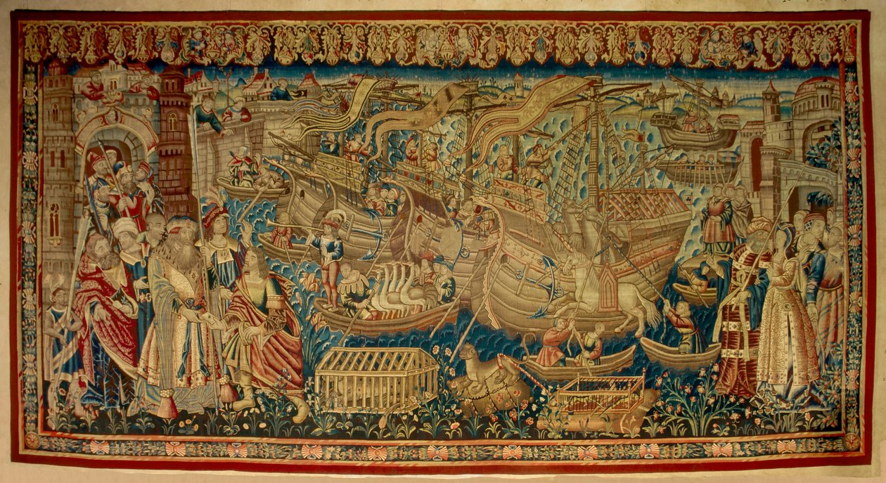 Den portugisiske navigatør Vasco de Gama (1459-1524) ankom til Calicut (Kozhikode) i Indien i 1498. Tapet. Lissabon af Unknown artist